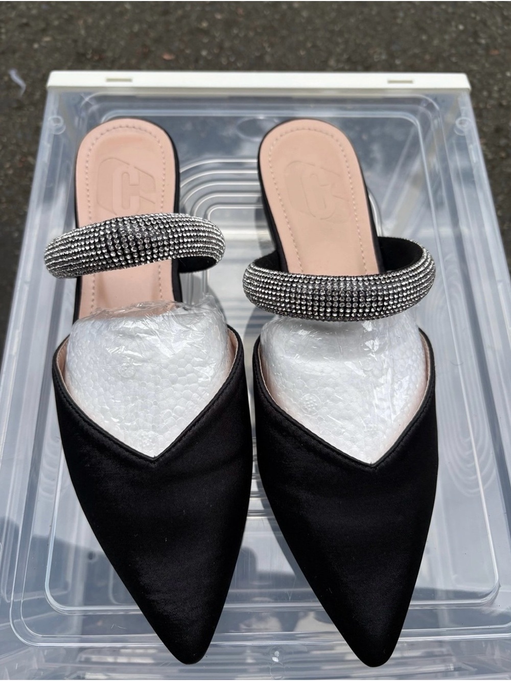 Black Pointed Toe Slip-On Mules with Rhinestone Strap